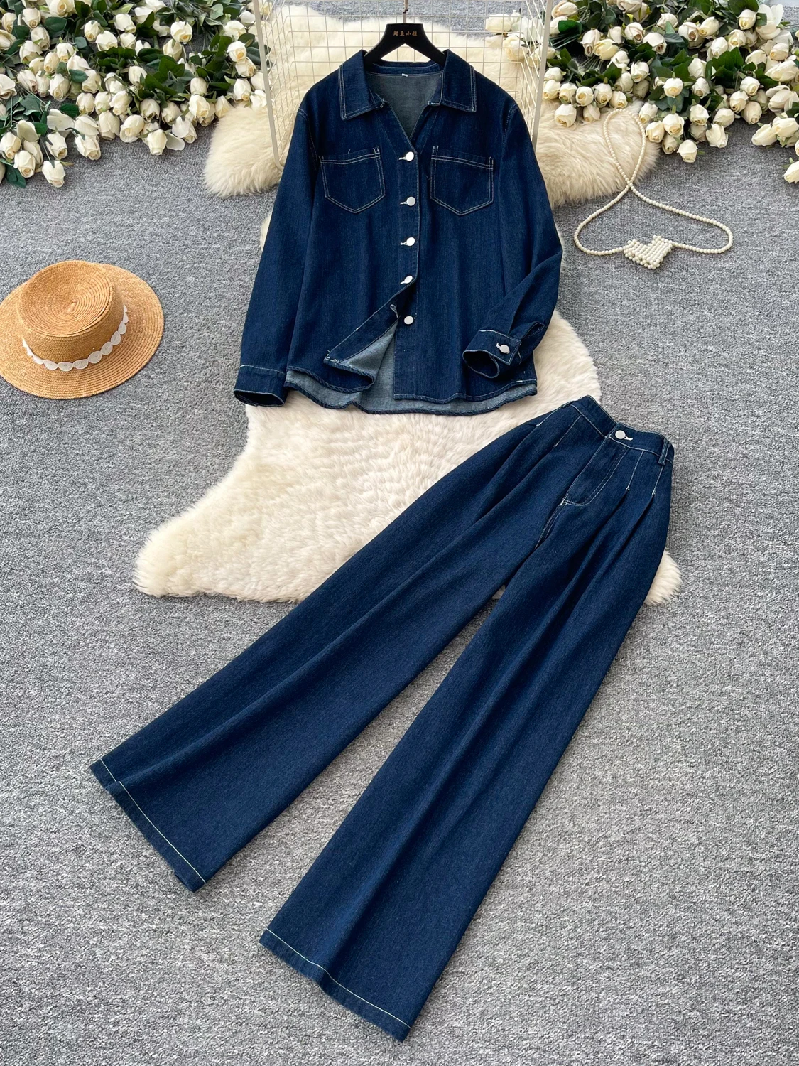 Women's Commuter Style Slim Fit Denim Set High Waist Wide Leg Pants Waist Cinching Jacket Two Piece Fashionable Outfit