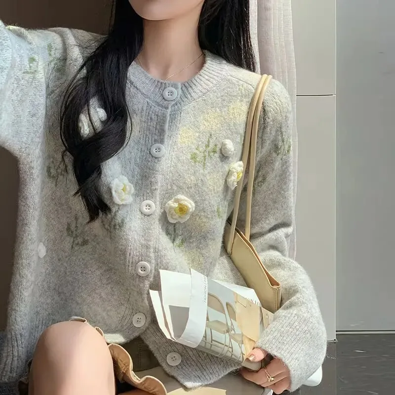 

Gentle Three-dimensional Round Neck Floral Knitted Cardigan Autumn and Winter Sweater Loose Coat Top