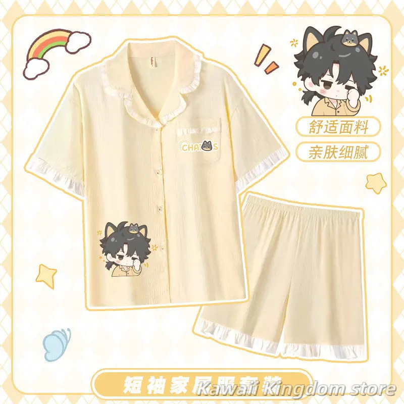 Link Click Lu Guang Cheng Xiaoshi Qiao Ling Anime Print Pajamas Set Short Sleeve Shorts Lapel Loungewear Casual Home Clothes