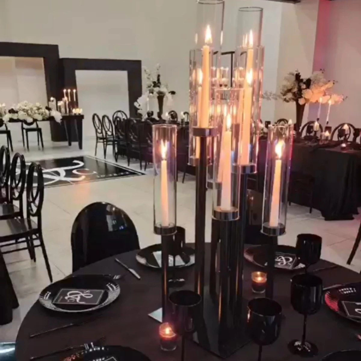 10pcs)6 arms) long stemmed tall cylinder glass cyliner shape black  candle holder crystal pillar candlestick centerpieces