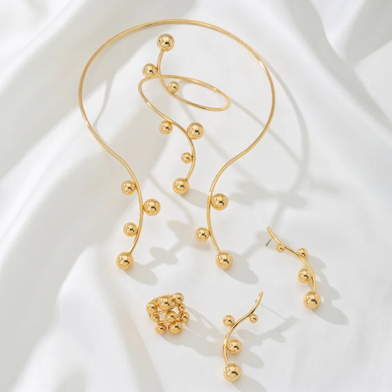 Abstract Irregular Vine Shape Metal Gold Color Bead Choker Jewelry Set 4 PCS Modern Minimalist Style Statement Accessories