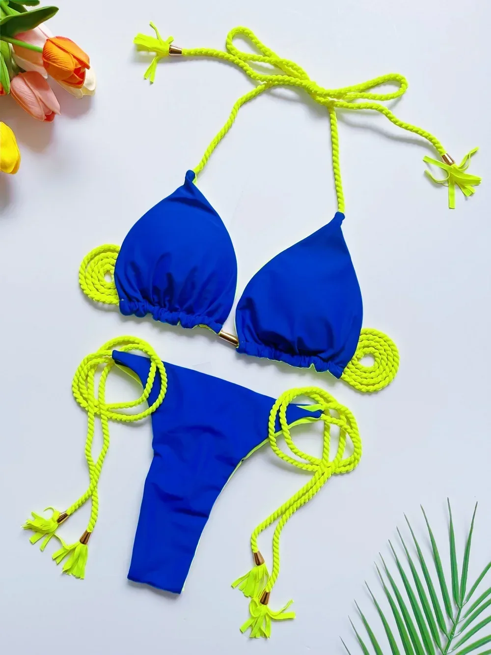 2025 セクシーな無地ツーピース三角水着女性水着編組ロープビキニセットビーチ水着ブラジル Biquinis