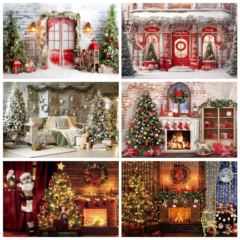 

Christmas Fireplace Photography Backdrops Winter Xmas Tree Gift Family Festival Party Decor Banner Background Photo Studio Props