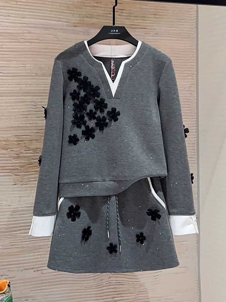 Stunning Women's Autumn Outfit Two-Piece Set Long Sve Waist-Cinching  Skirt V-Ne Polyester Fiber Casual Sportswear