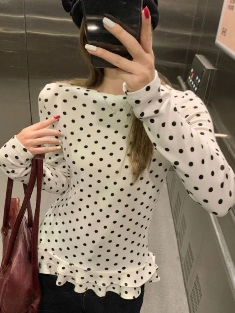 Camiseta elegante de lunares de estilo coreano para mujer, camisa básica con volantes adelgazantes que se pega a la cintura, Tops, ropa de moda de manga larga 2025