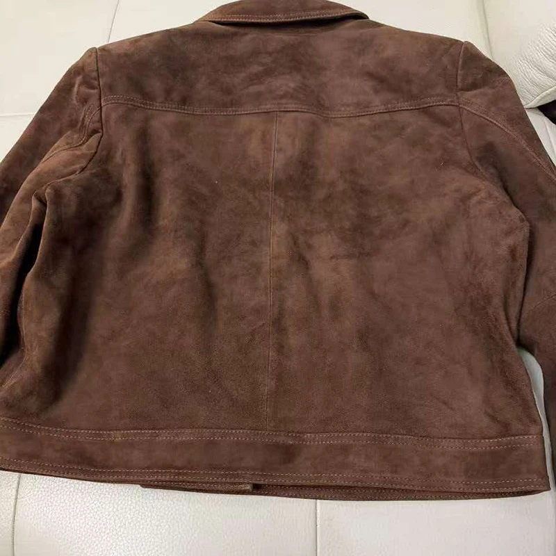 Autumn Outerwear Women’s Kid Suede Leather Jacket Lapel Tooling Wind Single Breasted Casual Long Sleeve Short Silm Leather Coat