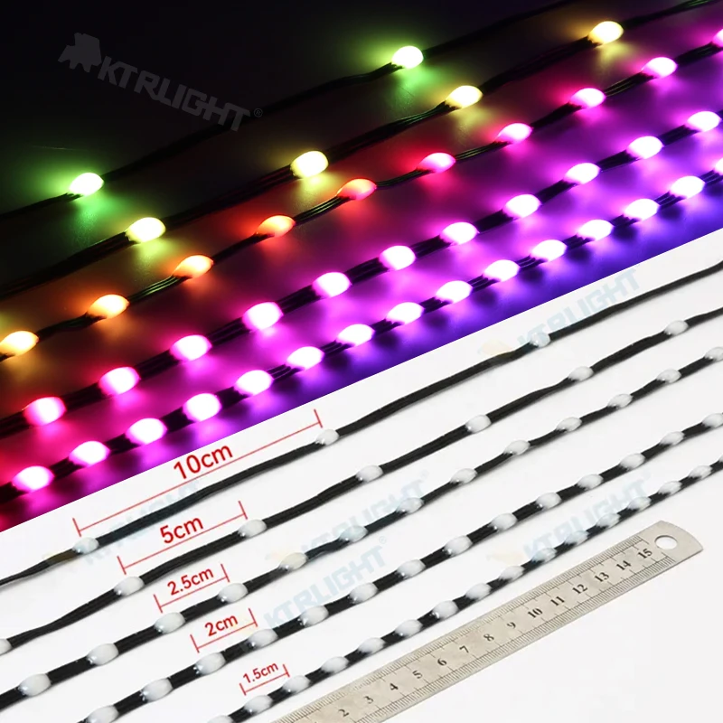 DC5V/12V 1000ct Pixels 1.5cm-10cm Pitch WS2811 LED Seed Pixel String Light RGB IC Addressable Full Color IP68 3Pin Black Wire