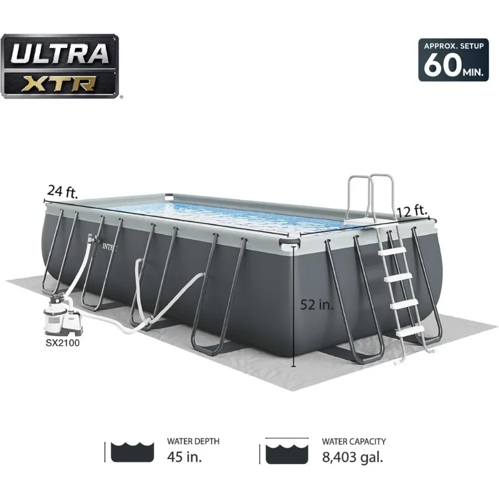 26363EH Ultra XTR Deluxe Rectangular Above Ground Pool Set: 24 ft x 12 ft x 52 in – Includes 2100 GPH Sand Filter Pump, Grey