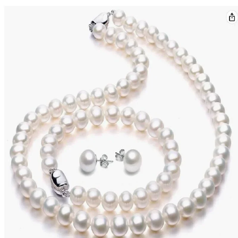 

8-9mm Freshwater Cultured Pearl Necklace Set Near Round Includes Stunning Bracelet and Stud Earrings Jewelry for Women