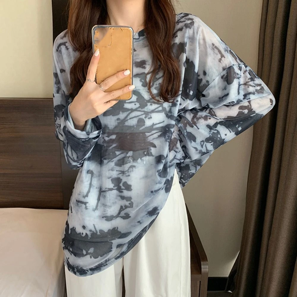 

All-match Thin Long Sleeve T-shirt See Through Sunscreen Tie Dye Pullover Beachwear Transparent T Shirts Women Y2k Streetwear