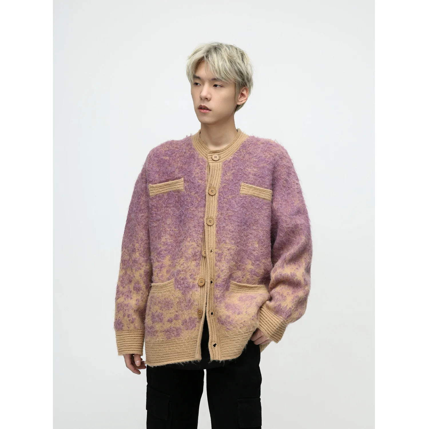 Herren Herbst Neue Kleine Duftende Windzauber Farbe Strickjacke Mantel, Lazy Wind Casual Einreiher Rundhals Strickpullover