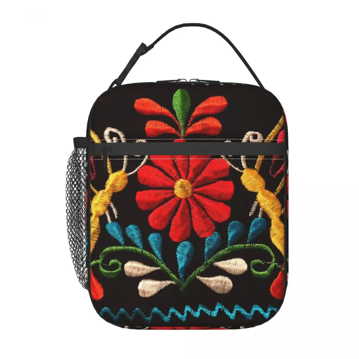 Bolsa de almuerzo con aislamiento de flores y mariposas mexicanas, Otomi, estampado 3D, patrón bordado, refrigerador, caja térmica Bento, oficina,