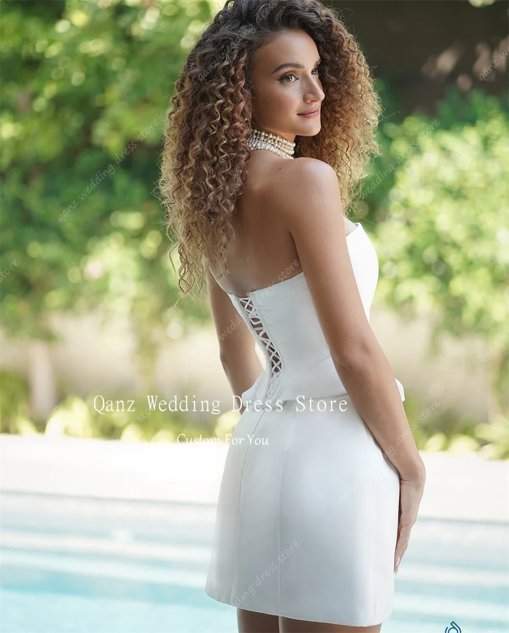 Qanz Soft Satin Mini Wedding Dresses Beach Short A Line 2 Pieces Sleeveless Vestido De Noiva Backless Bridal Gowns Customized