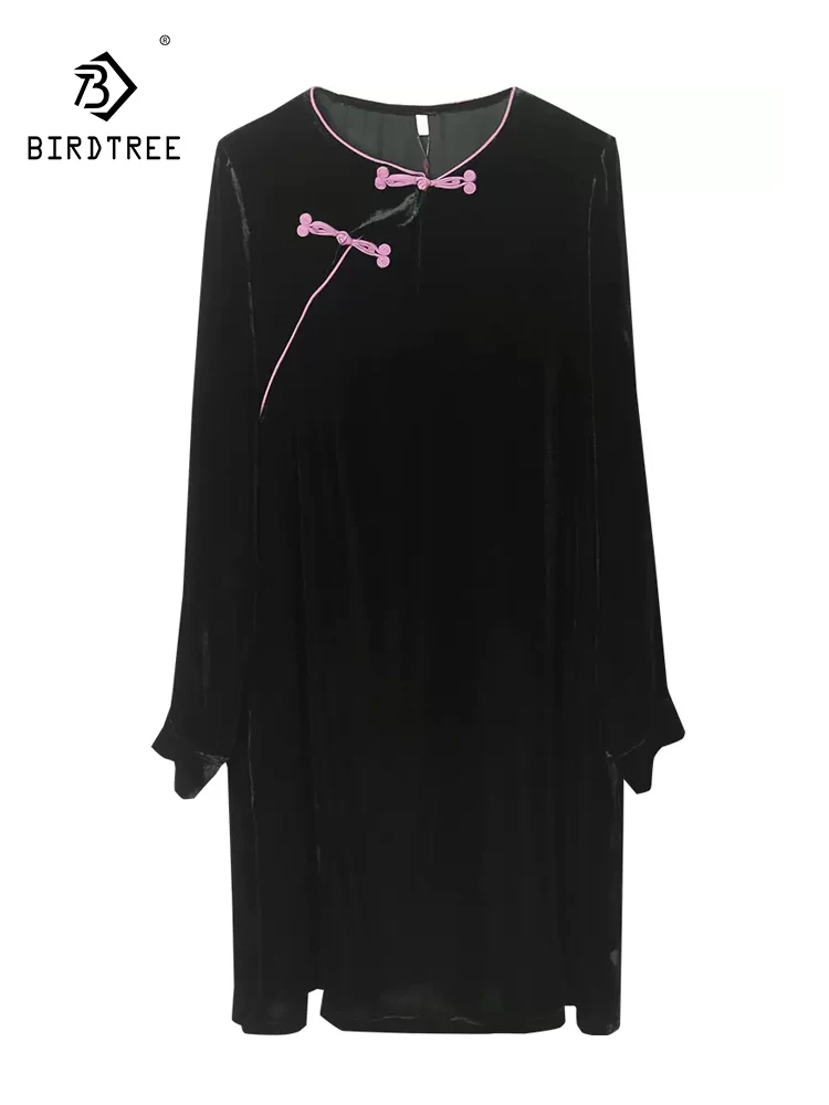 

BirdTree, 20%Real Silk Velvet Elegant Dress, Women O Neck Long Sleeve, Vintage Cheongsam Dresses, 2024 Spring Summer D43732QC