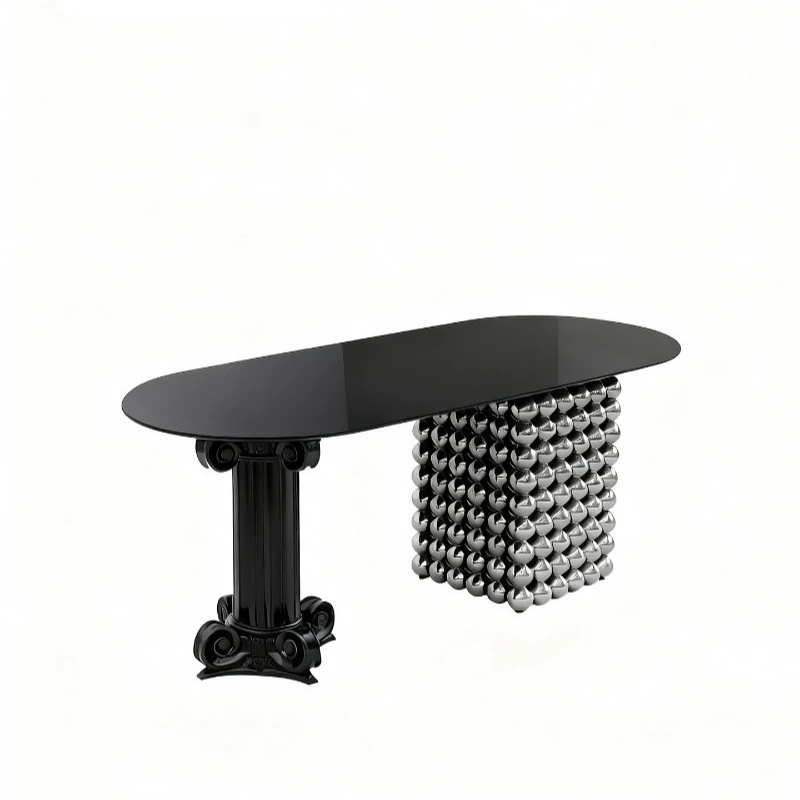 

Simple French dining table Roman column steel ball support Art Deco oval long dining table furniture