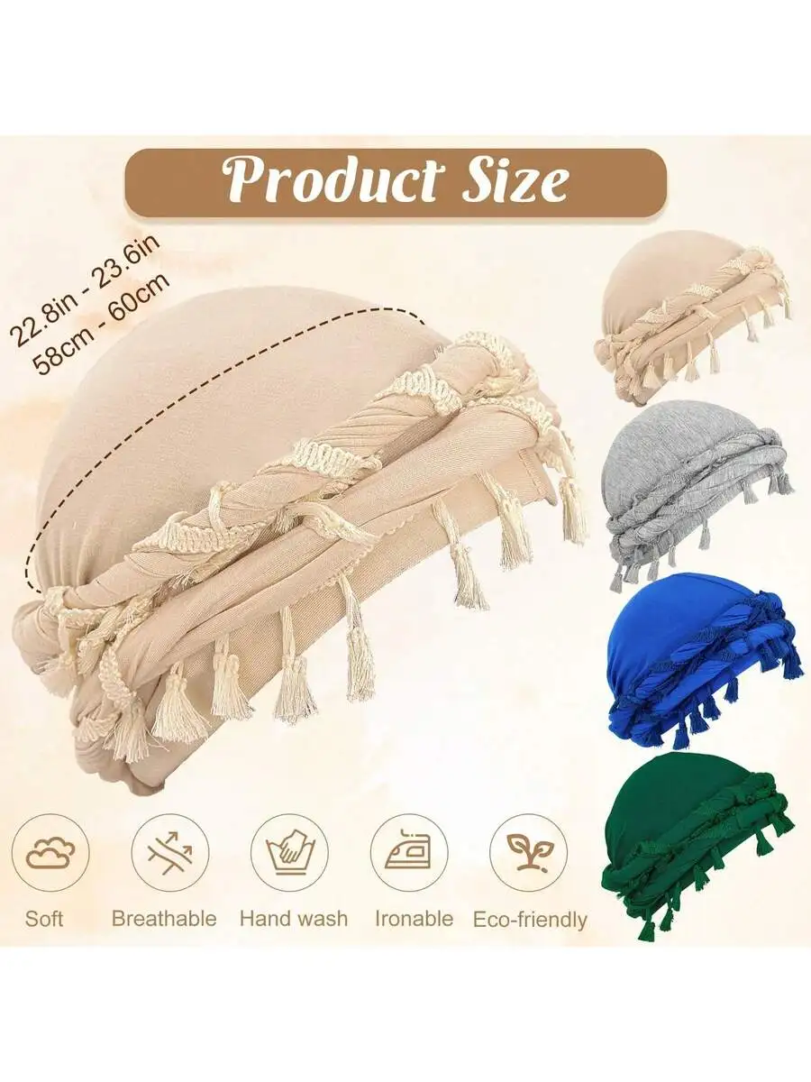 

4pcs Vintage Tassel Twisted Bonnets Unisex Braided Hairband Turban
