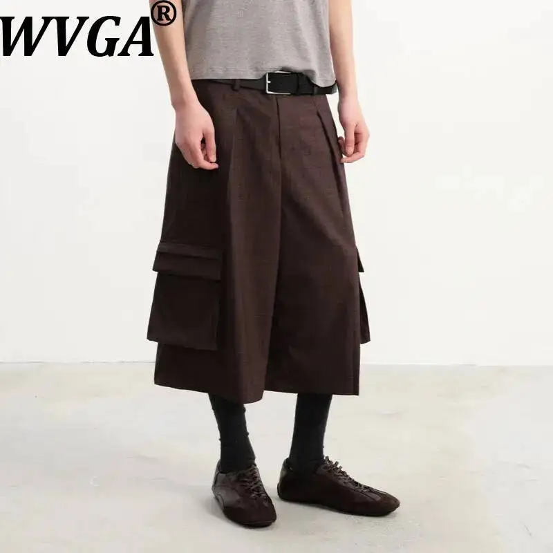 

WVGA Summer New Men Plaid Pleated Cargo Pocket Cropped Pants Fine Plaid Fabric Double Patch Niche Casual Straight Shorts W24359