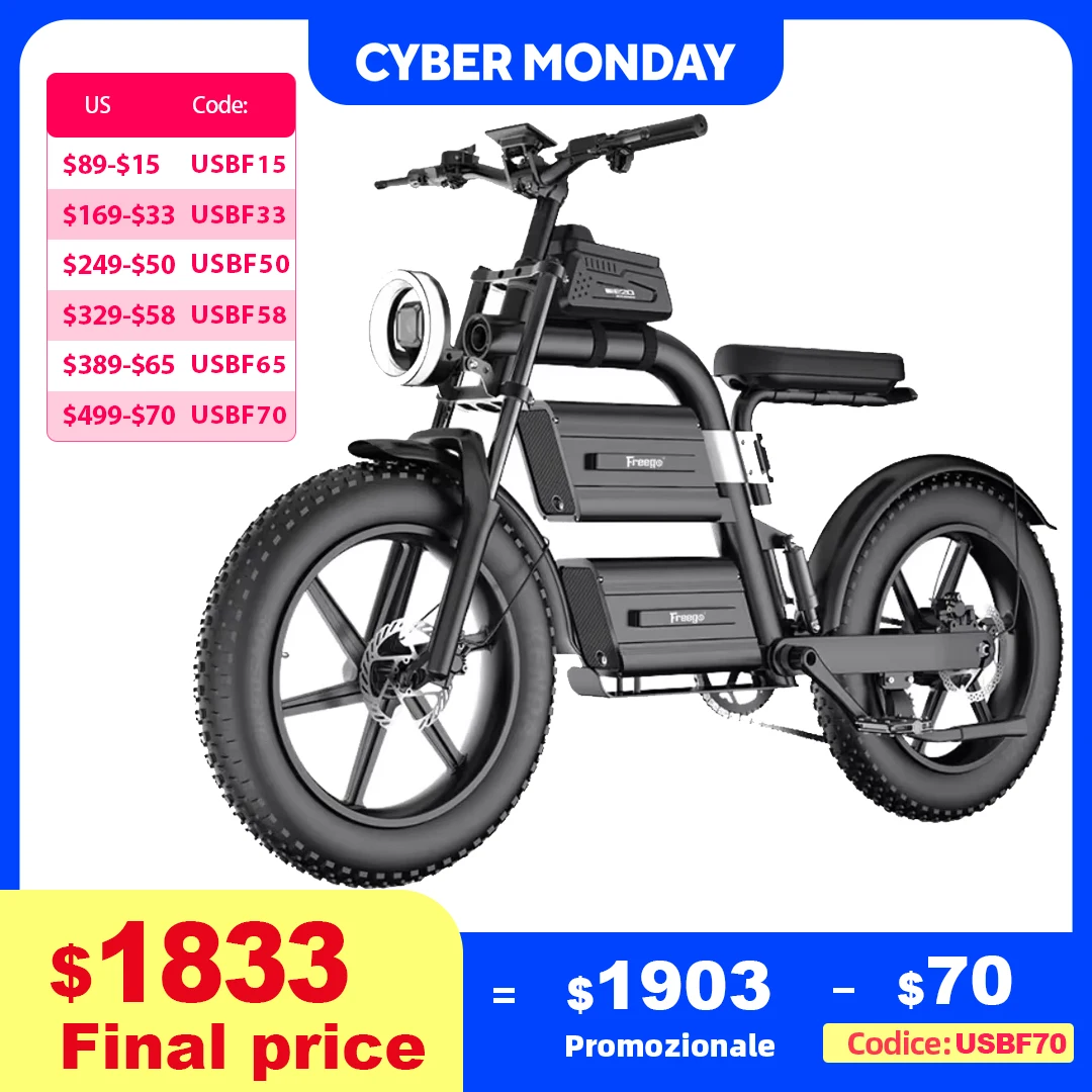 

FREEGO Electric Bike for Adults 2100W Peak 40Ah Dual Battery 37MPH Off Road Fat Tire Electric Motorcycle with Full Suspension