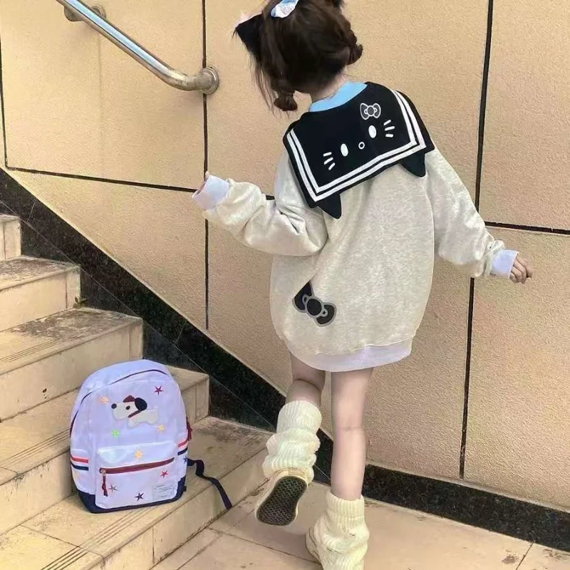 

Sanrio Hello Kitty пальто для девочек Kawaii мультфильм темно-синий кардиган с воротником толстовка женская весна-осеньcollege стильная куртка на молнии топы