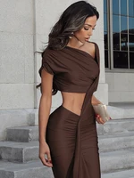 Nibber Irregular Hollow Dress Women Ruched Diagonal Collar Shorts Sleeve Waistless Slits Street Trend Temperament Long Bodycon