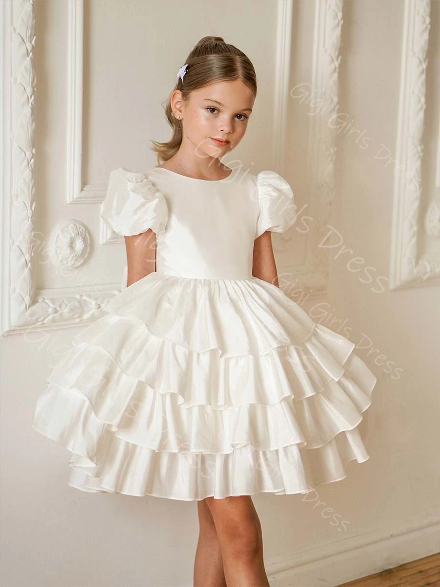 Vestido de princesa personalizado para meninas, vestido de primeira comunhão com mangas bufantes em camadas de chiffon para festa de casamento, mini comprimento com laço