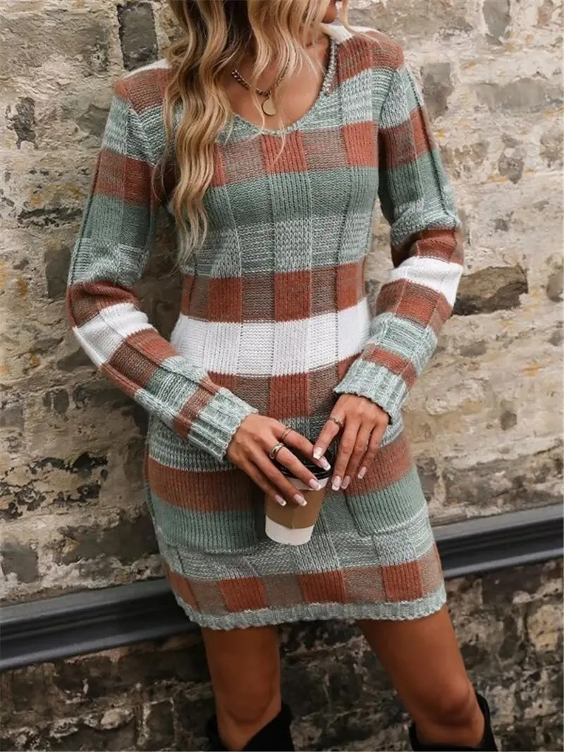 Autumn Winter V-neck Double Pocket Jumper Knit Sweater Dress Women High Waist Slim Mini Dress Sexy Pullovers Bodycon Dresses