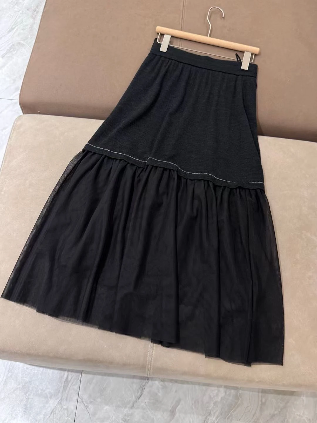 Spring and Summer New Women's Knitted Stitching Mesh High Waist Slim A- line Skirt Elegant All-match