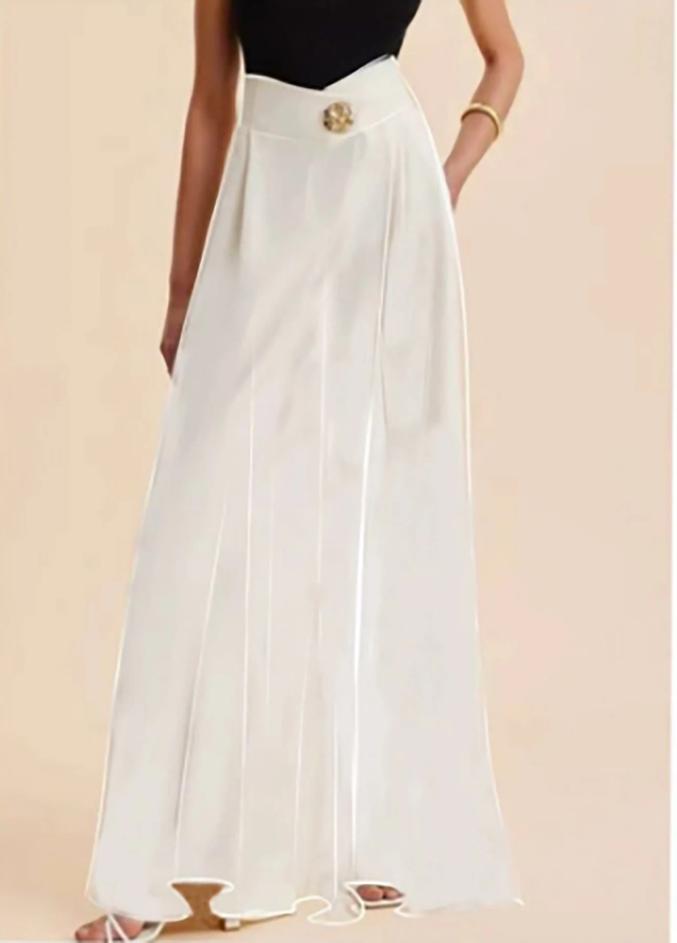 Damen Weißer Frühling-Sommer Hochtaillierter Maxirock aus Satin mit Goldakzent-Knöpfen, Plissierter A-Linien-Rock, Fließend Elegant für Büro, Party, Date