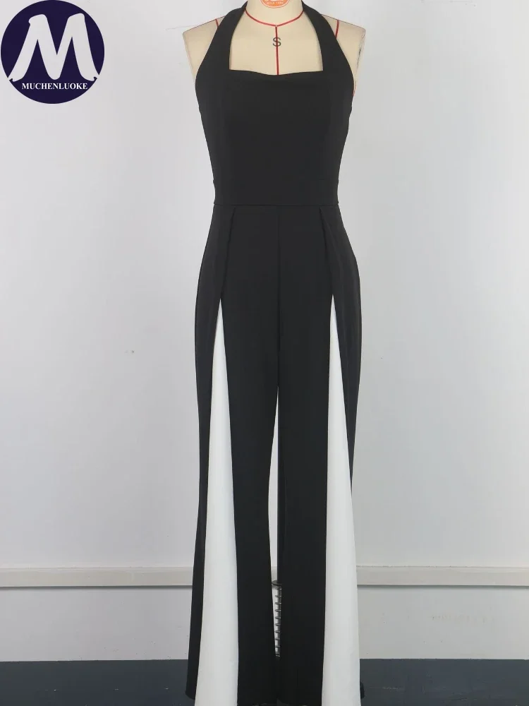 Summer Sexy Color Block Sleeveless Sling Jumpsuit for Women Slim Fit Backless Straight Leg Fashionable