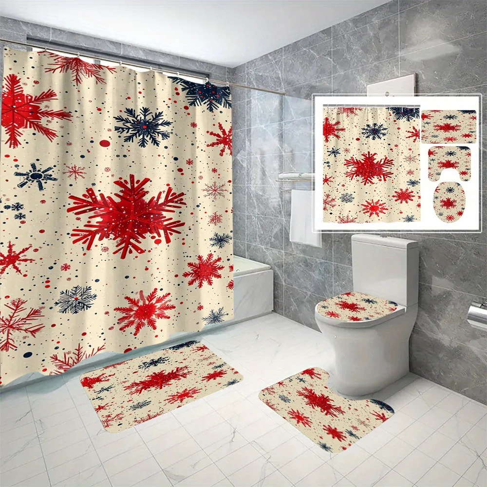 

4pc Snowflake pattern bathroom set, shower curtain with hooks, non-slip mat, toilet seat cover and non-slip mat.