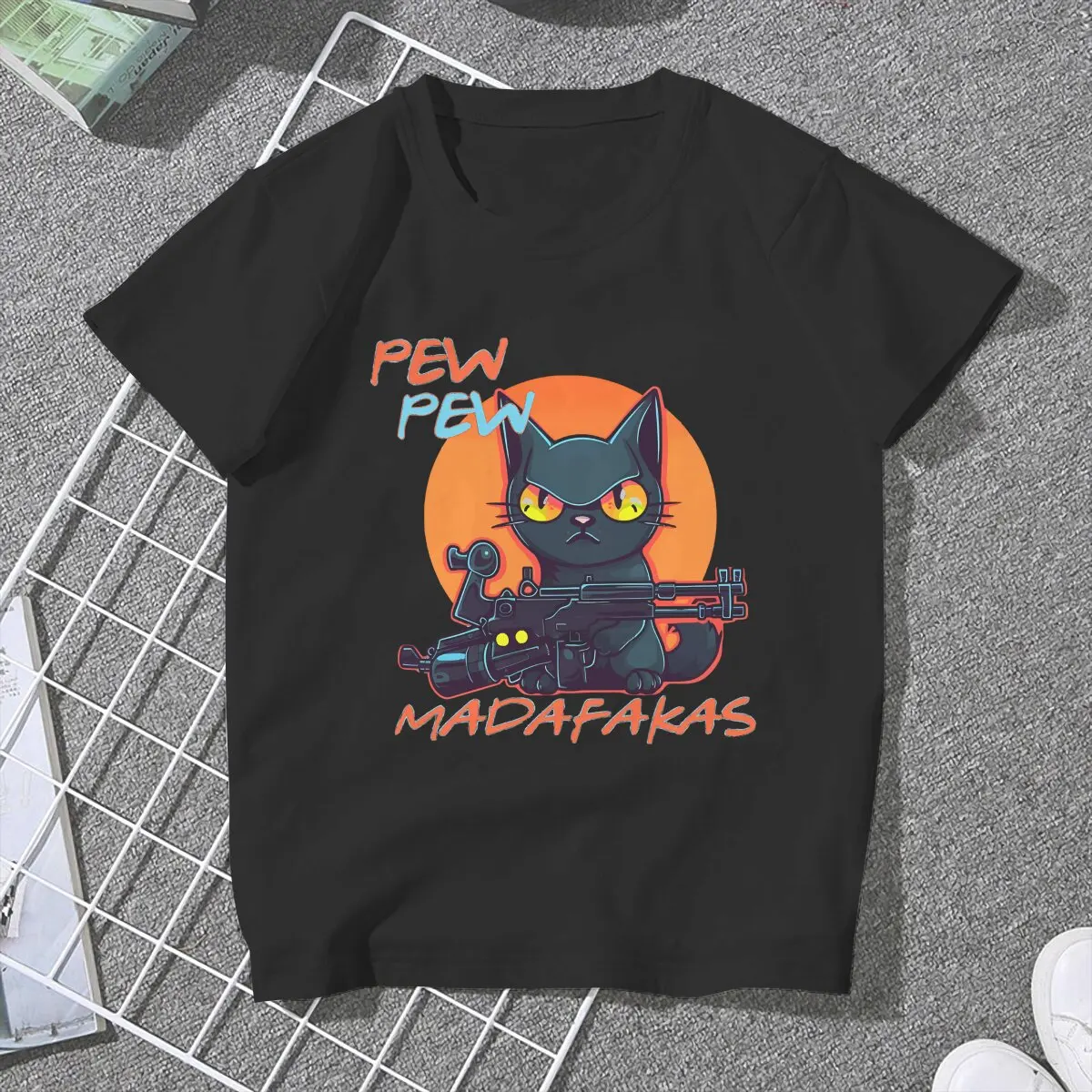 Premium Women Tshirts Pew Pew Madafakas Cat Animal Aesthetic Vintage Female Clothing Large Graphic Streetwear