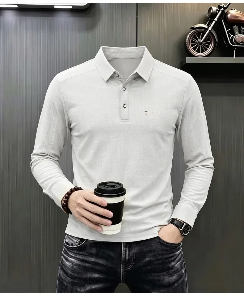 Brandneues Herren-Poloshirt mit Print, Herbst, einfarbig, langärmelig, Arbeitsoberteil, Herren, Business, formelle Arbeitskleidung, Hemden für den Frühling. – Detail 29