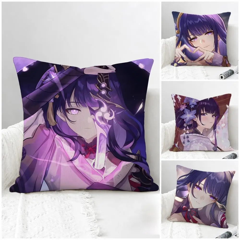Game Genshin Impact Raiden Shogun Cushion Cover Natural Linen Pillowcase Set, All-in-One Decor for Sofa, Bedroom & Chair