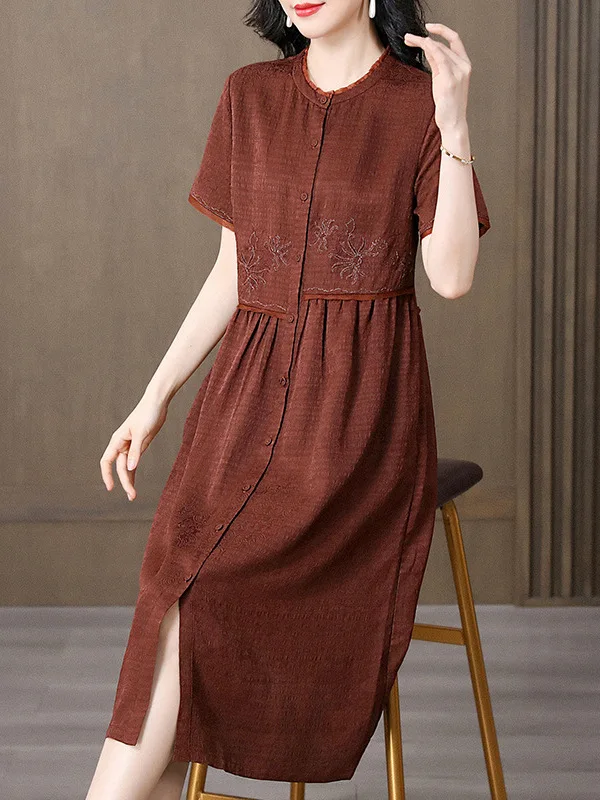 BirdTree, 100%Real Silk Watered Gauze Elegant Dress, Women Short Sleeve Embroidery, Commute Dresses, 2024 Summer Fall D46055QC