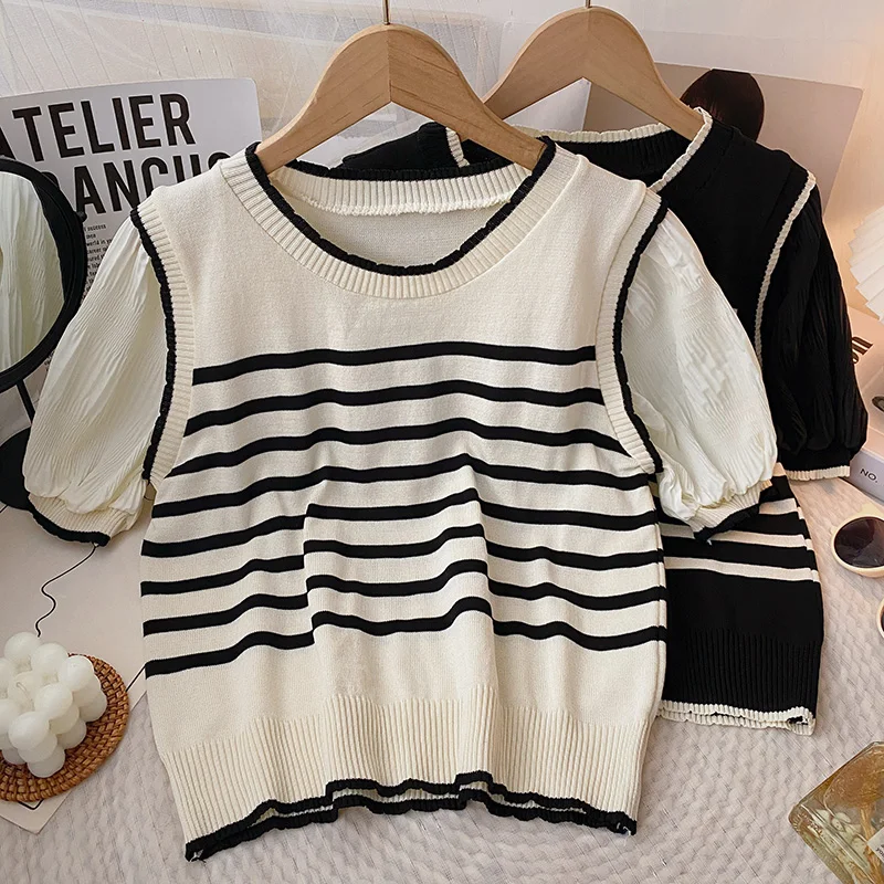 

Sueters De Mujer Knitted Sweater Women Pullovers New Short Sleeve Striped O-Neck Knit Sweater Pullover Women Tops Sweaters Q3226