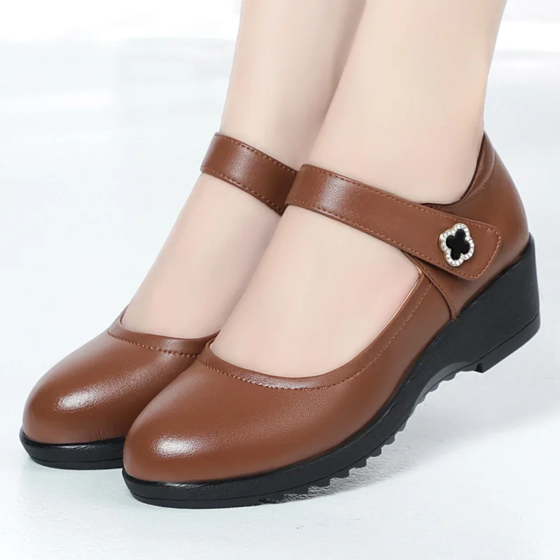 

Women's Wedge Shoes Women Ankle Strap Casual Flat Shoes Woman Work Office Pumps Comfort Genuine Leather Shallow Mouth Mom Shoes