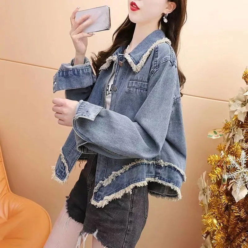 Women's Denim Turndown Collar Irregular Ruched Edges Famale Short s Autumn New Trend Versatile Ladies Coat