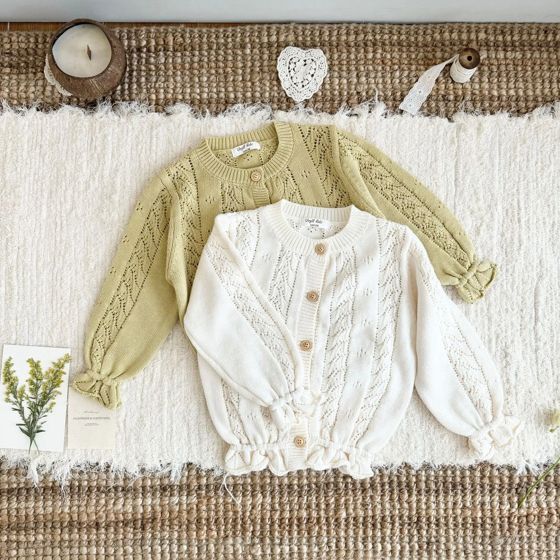 Korean Girls Fall Coat Baby Girl Hollow Cotton Knit Cardigan New Lace Flare Sleeve Sweater Solid Nice Coat