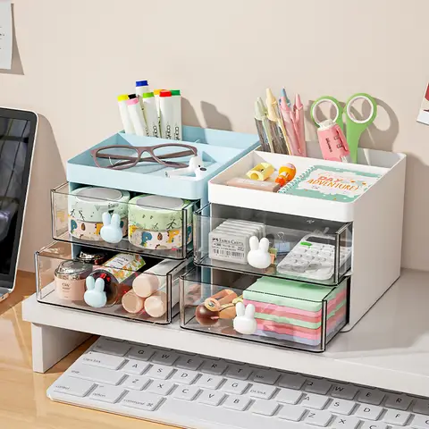 Creative Rabbit Handle Pen Holder with Clear Drawers Student Desk Organizers for Efficient Desk Storage and Organization