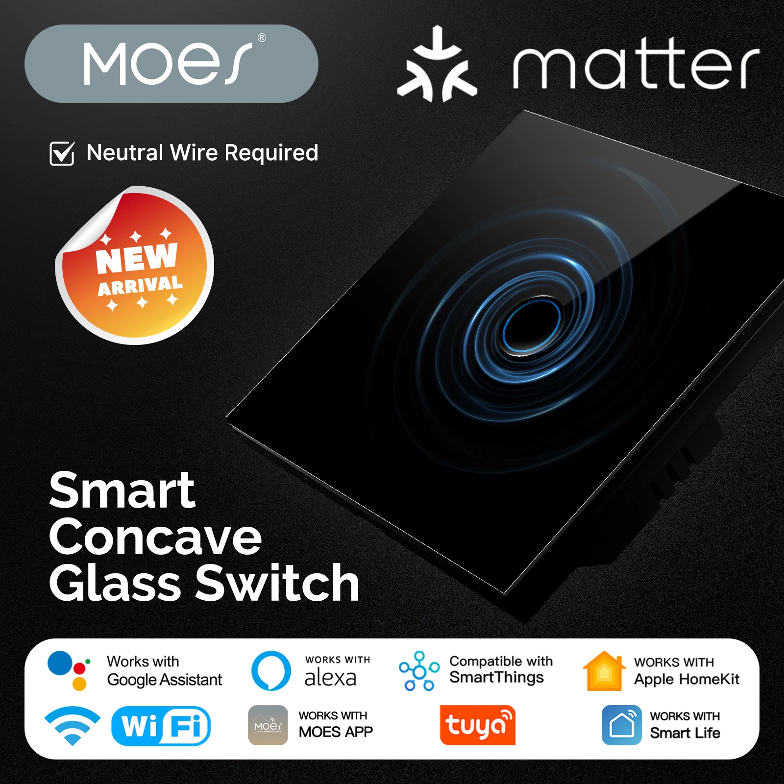 MOES Tuya Matter WiFi Smart Вогнутая стеклянная панель Выключатель