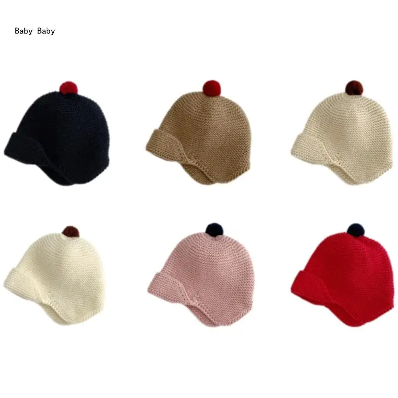 Pom Designed Knit Bonnet Baby Hat with Earflaps for Winter Warmth, Soft Comfortable Infant Bonnet Caps Solid Color