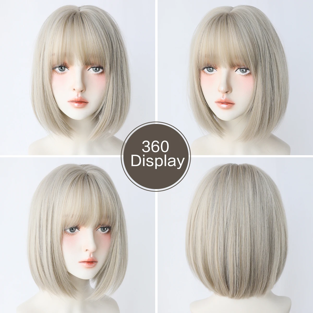 7JHH WIGS Short Straight Beige Wig for Women Synthetic Heat-Resistant Modest Fashion Wear and Go Bob Wigs with Neat Bangs - view 5