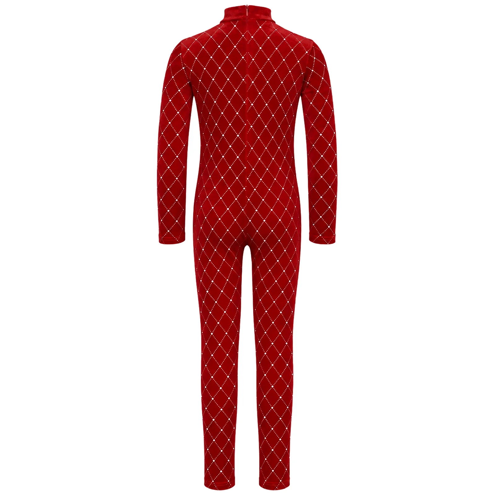Girls Metallic Rhombus Velvet Gymnastics Jumpsuit Mock Neck Long Sleeve Figure Skating Full Bodysuit Ballet Dance Performance