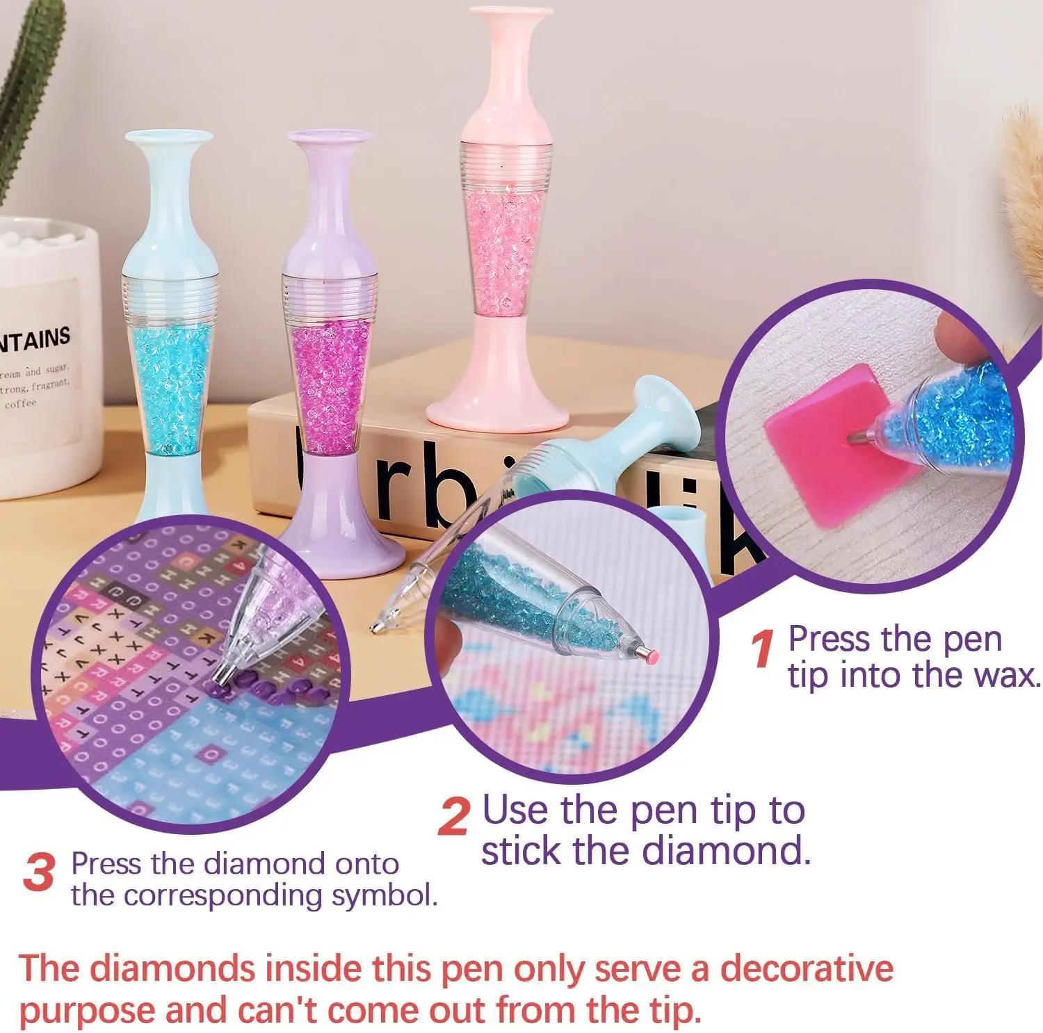 3 bolígrafos de diamante para arte, herramientas y accesorios con forma de maceta.