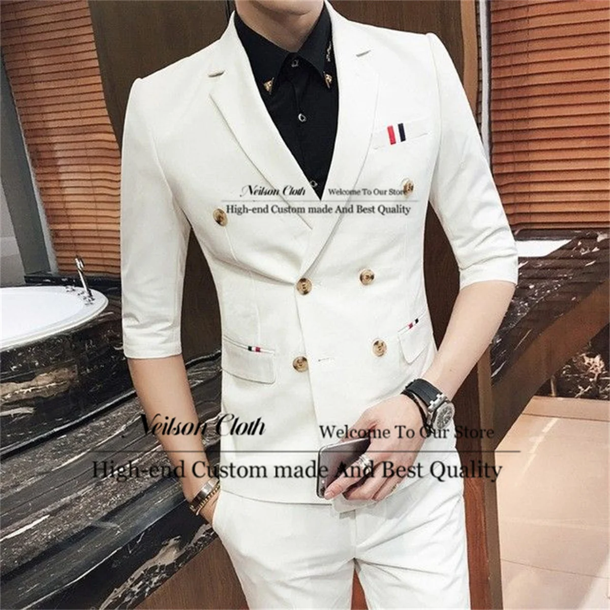 

Summer White Double Breasted Male Prom Blazers Slim Fit 2 Pcs Sets Groom Wedding Tuxedos Customized Notched Lapel Costume Homme