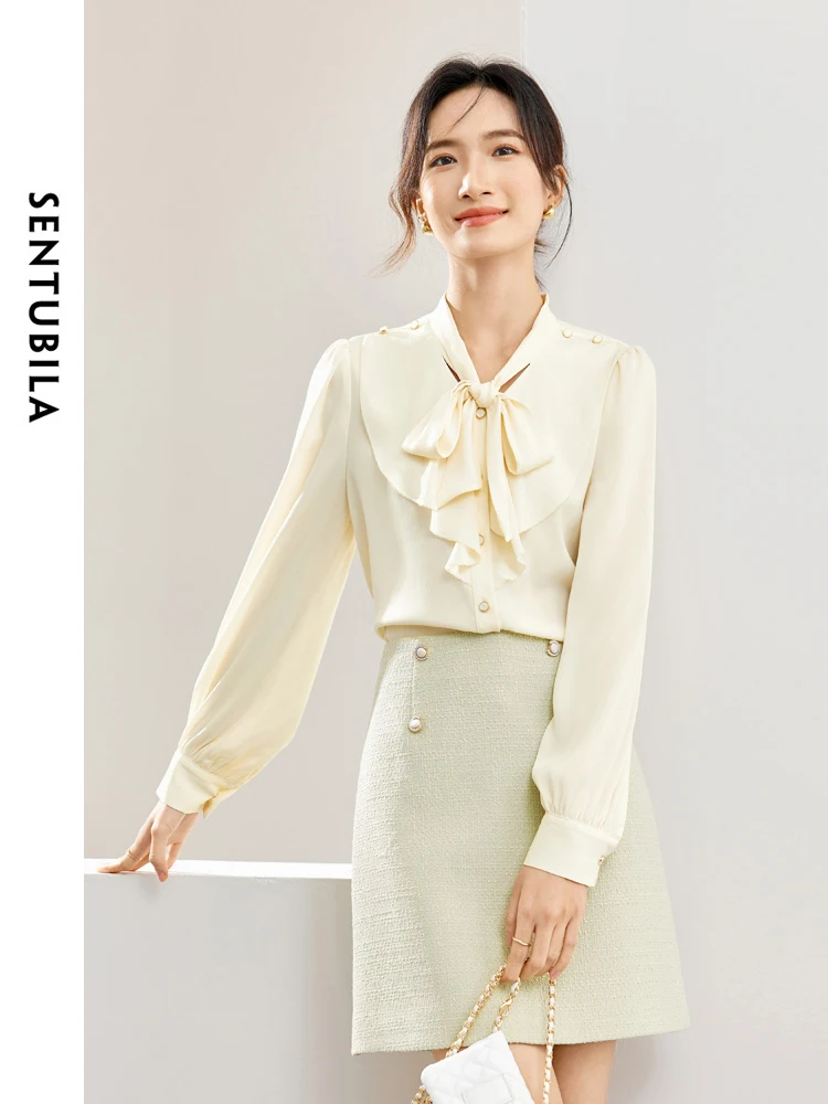 

SENTUBILA Elegant Lace-up Ruffled Women's Blouse 2024 Spring Fashion Long Sleeve Tops Apricot Button Up Loose Shirts 141C53211