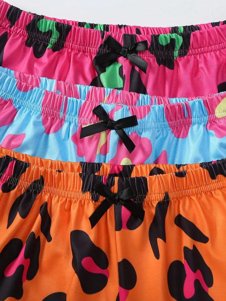 3pcs Asymmetrical Leopard Print Lounge Sleep Shorts With Bow Trim