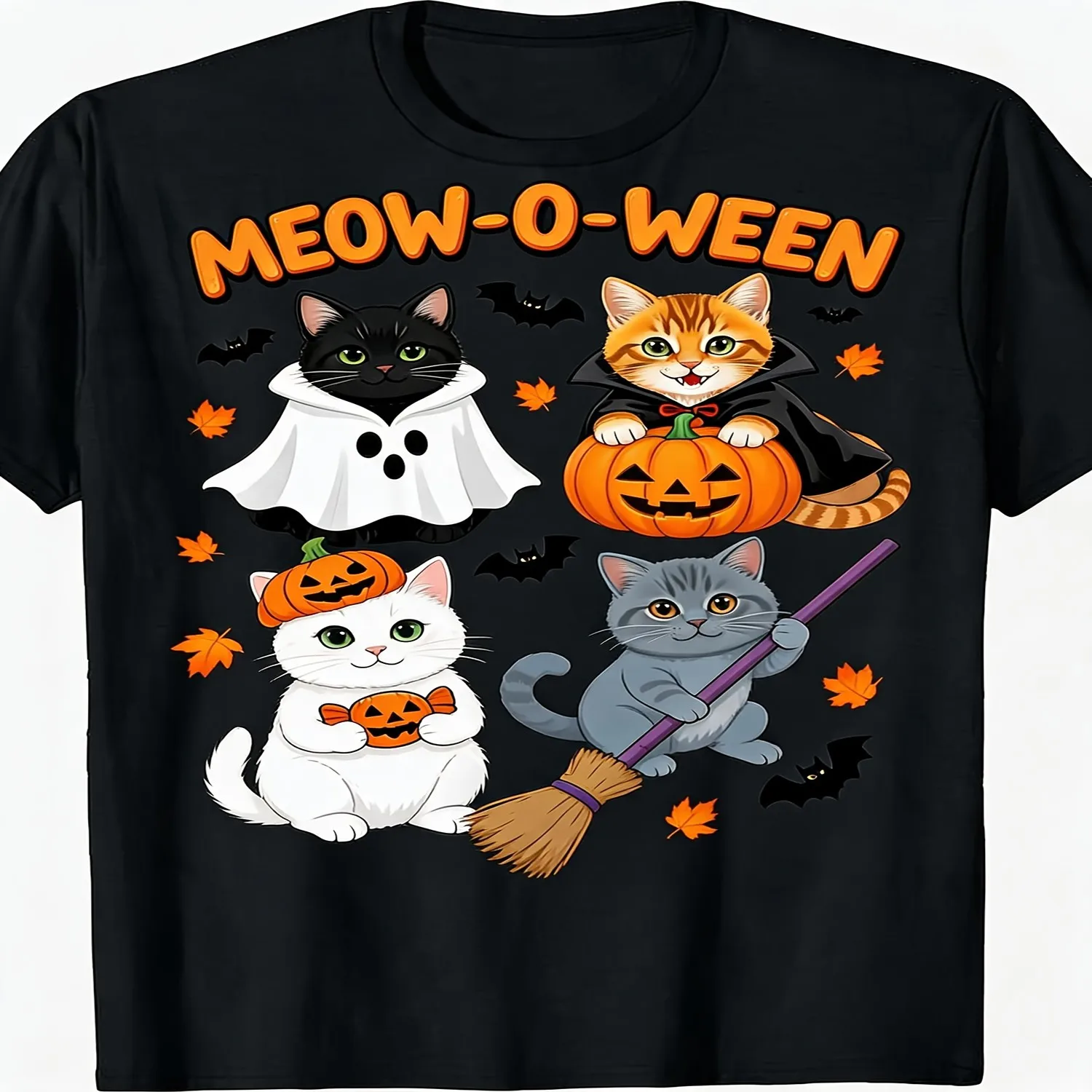 Men's Women's Halloween Cat Graphic T-Shirt, Black Meow-O-Ween Cute Vampire Witch Kitten Pumpkin Bat Shirt for Cat Lovers, Casual Wear, Halloween Cat Graphic Tee Retro Funny, 180g 100 Cotton Cotton Tee, Gift For Him