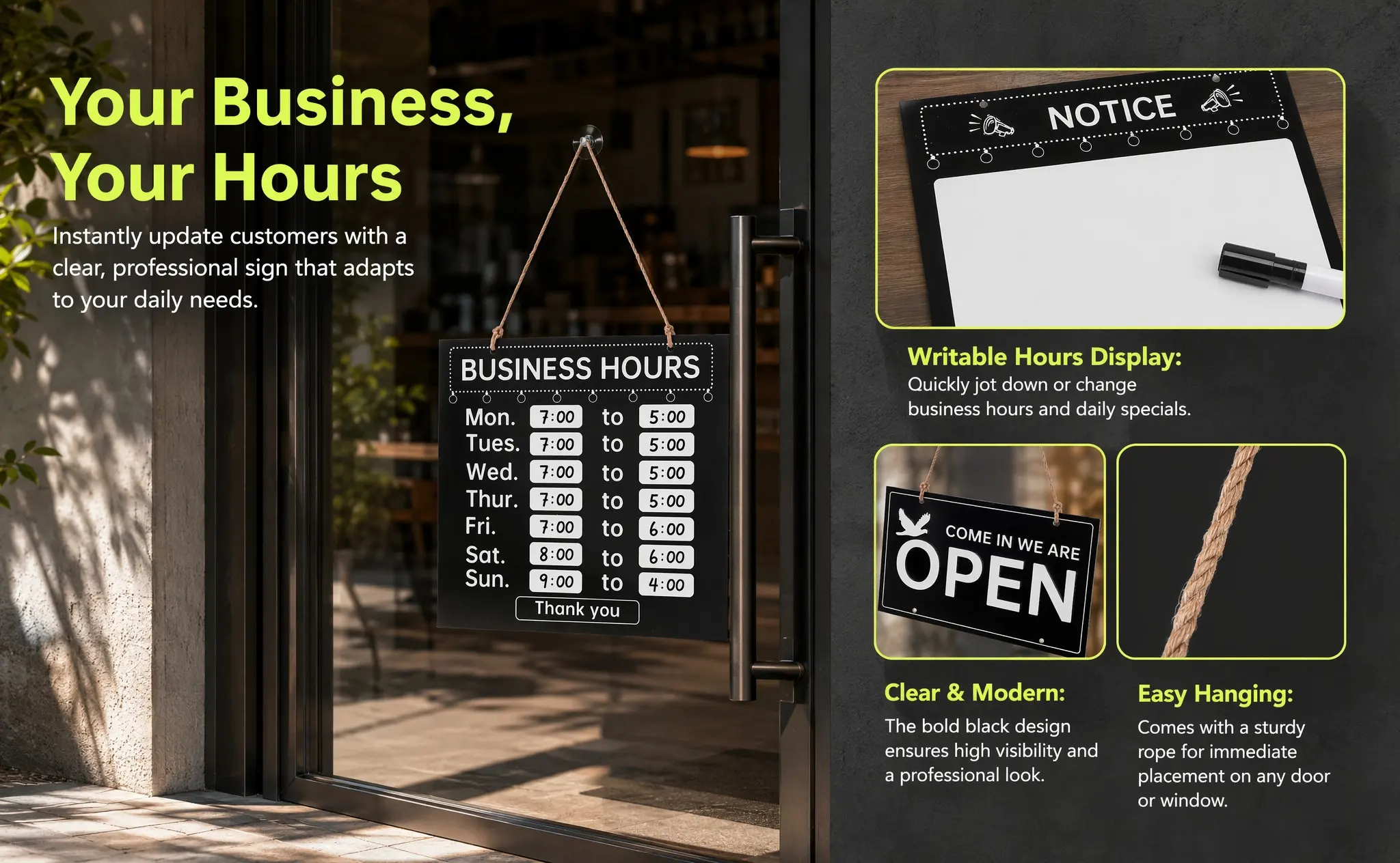 1Set Stylish Open and Closed Sign with Erasable Surface for Business Hours Notice Store Door Sign Commercial Restaurant Cafe