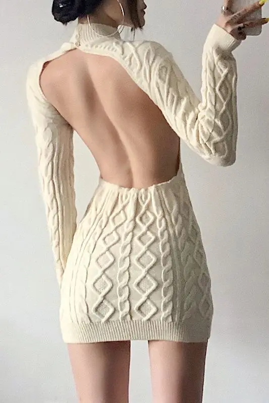 

French Retro Backless Knit Mini Dress Cream Sexy Chic Ribbed Bodycon Round Neck Long Sleeve Fall Women's Elegant Fashion Outfits